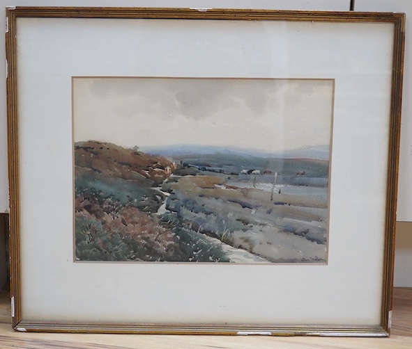 Arthur Royce Bradbury (1892-1977), watercolour, Moorland landscape with cattle, signed, 25 x 34cm. Condition - fair